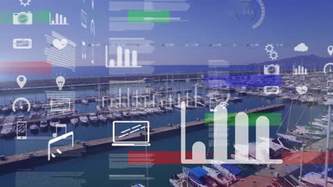 Digital Data Overlay on Coastal Marina Scene