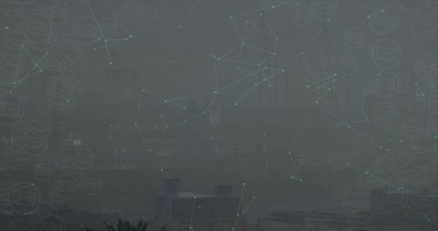 Digital Network Overlay on Foggy Urban Skyline at Dusk