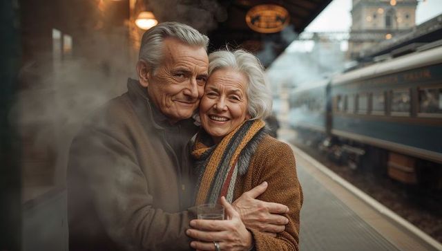 Embracing senior couple smiling on historic train platform wearing coats and wool scarf