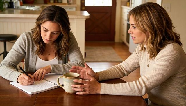Two women talking at kitchen table, one writing while other gestures with mug