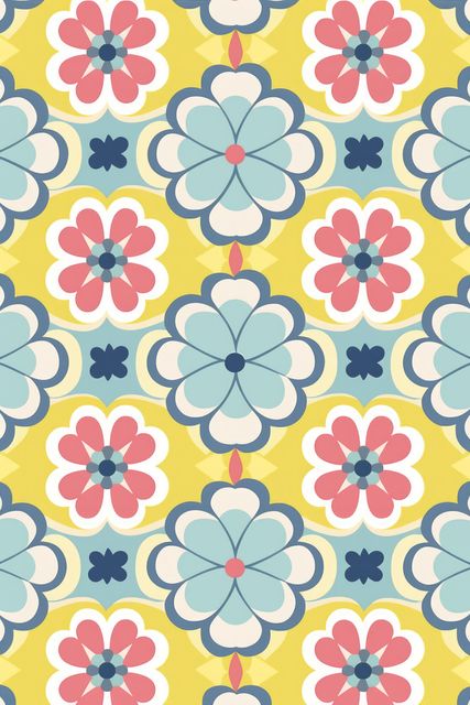 Multi coloured flowers on yellow background, created using generative ai technology. Flowers, nature, pattern, colours and background concept digitally generated image.
