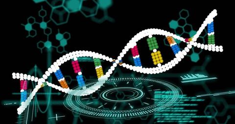 Futuristic dna helix hologram over biotech hud interface with neon molecular data