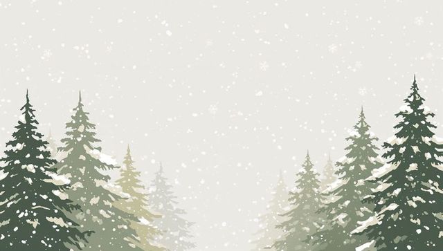 Snowfall veiling evergreen forest, misty pine and fir holding snow on branches