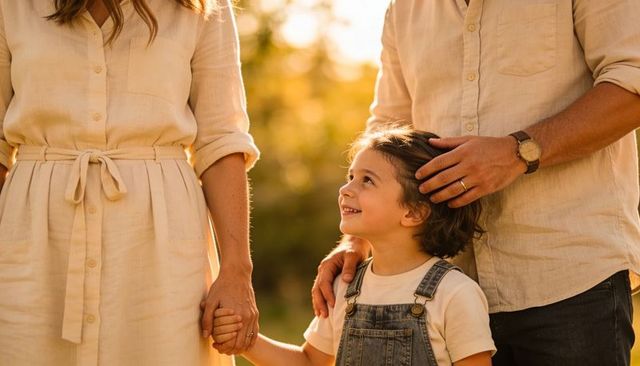 Smiling child in denim overalls gazing up between parents holding hands in sunlit park