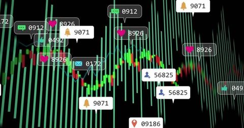 Neon Trading Dashboard Displaying Candlestick Chart, Waveform Bars and Notification Tags