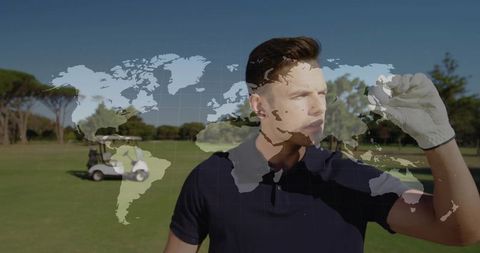 Golfer examining ball on sunlit fairway with world map overlay for global golf concept