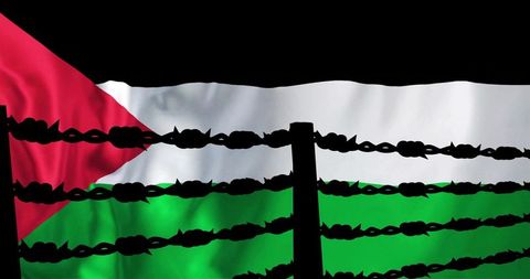 Palestinian flag behind barbed wire silhouette representing occupation, resistance and hope