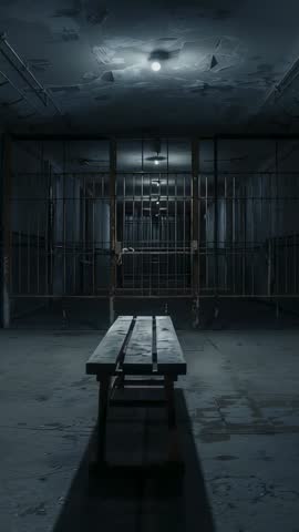 Panning through abandoned prison cellblock focusing on weathered bench and rusted bars