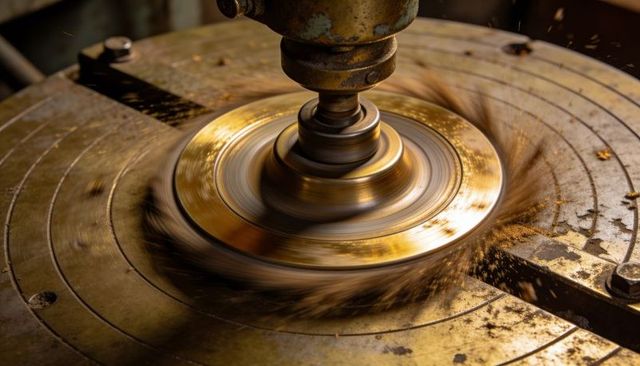 Spinning polished brass disc throwing golden metal swarf on aged industrial lathe table