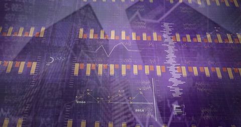 Futuristic Urban Finance with Data Visualization Overlaid on Skyscrapers