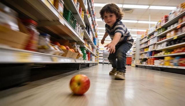 Little boy lunging for rolling apple in supermarket aisle showing motion curiosity play