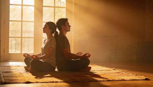 Sunlit couple meditating back-to-back on rug in cozy home interior, morning mindfulness