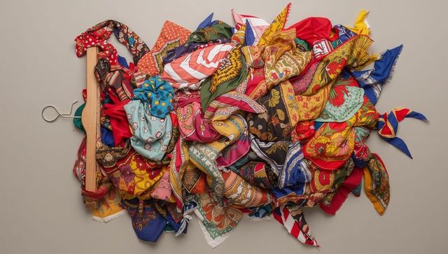 Layered colorful silk scarves on wooden hanger for styling and retail display