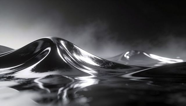 Glossy metallic waves reflecting directional lights across low fog, monochrome abstract