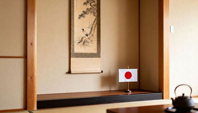 Minimal tokonoma alcove with hanging scroll and small japanese flag on wooden platform