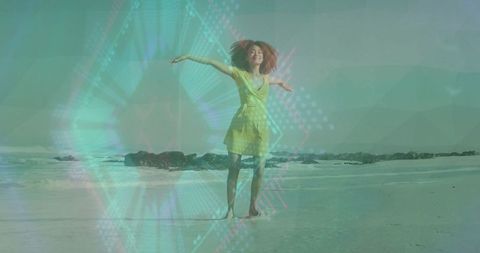 Carefree Woman Dancing on Beach in Colorful Tropical Vibe
