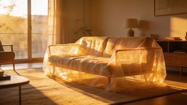 Midcentury leather sofa being draped in protective plastic while glowing in golden sunlight