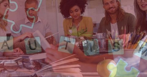 Diverse business team discussing autism awareness and support