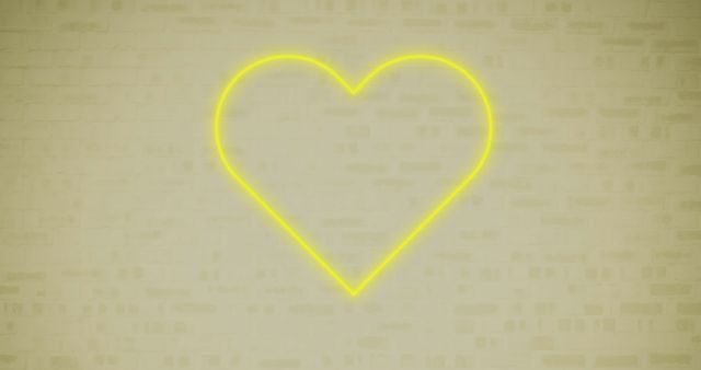 Bright neon heart glowing warmly on brick wall background creates inviting atmosphere. Suitable for romantic occasions, design projects with minimalist elements, or themed social media posts emphasizing warmth and love.