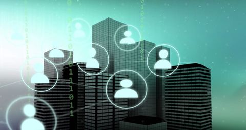 Futuristic Digital Network with Cityscape and Binary Code