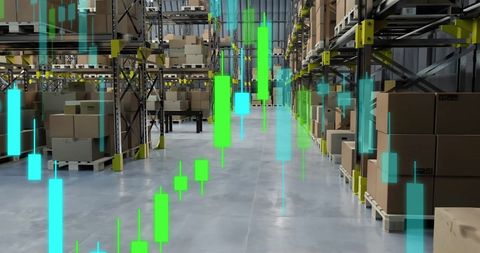 Modern warehouse with digital data overlay