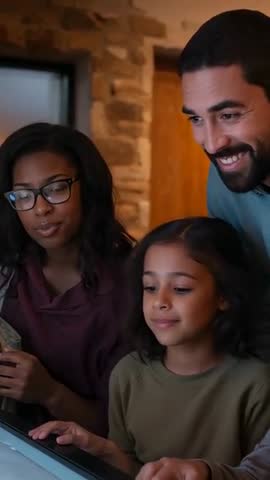 Child tapping glowing tabletop touchscreen, mom watching, dad smiling