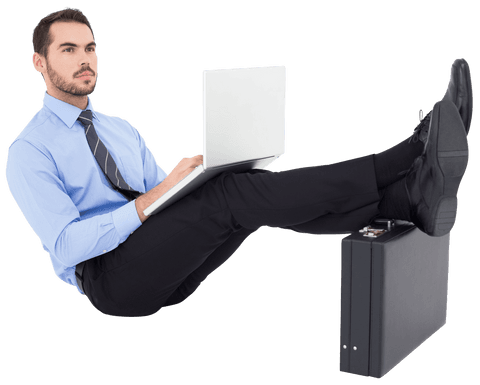 businessman sitting with laptop and legs on briefcase transparent background - Download Free Stock Videos Pikwizard.com