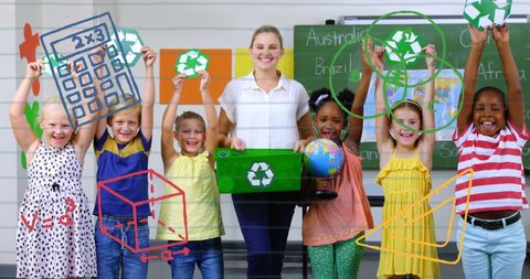Kids and Teacher Holding Recycling Items in Classroom with Education Icons