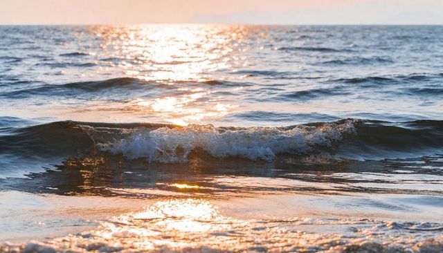 Golden sunrise waves glistening on sandy shoreline with gentle breaking surf