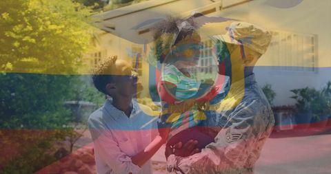 Patriotic Soldier with Family and Ecuador Flag Overlay