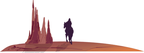 Silhouette horse rider galloping across rocky plateau