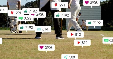 Club cricket match with social media engagement overlays showing likes, shares, comments
