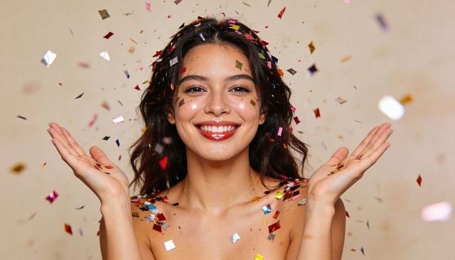 Smiling woman catching colorful confetti celebrating glam headshot with metallic makeup