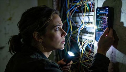 Female technician inspecting complex wiring with flashlight and smartphone circuit diagram