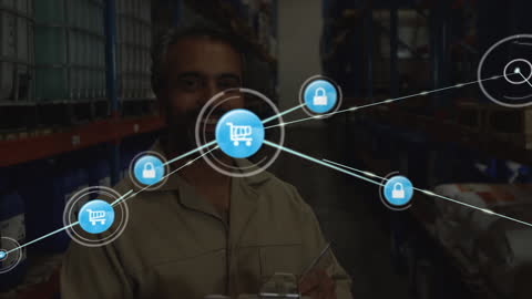 Warehouse Worker Analyzing Digital Network Connections