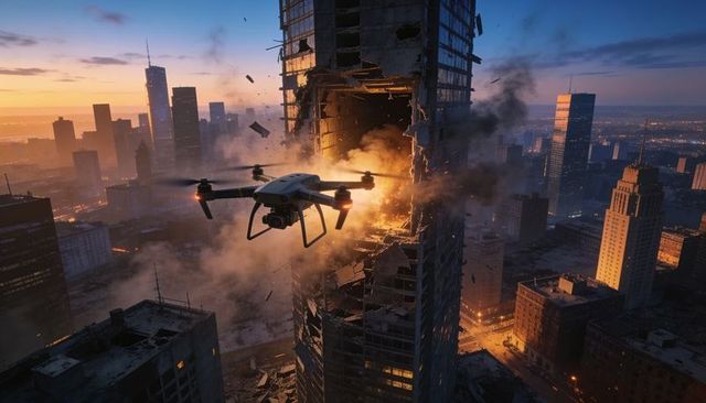 Drone surveying burning skyscraper at sunset over smoke-filled downtown skyline cinematic