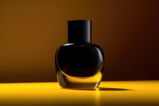 Curved glass perfume bottle in dark yellow light, created using generative ai technology. Scent, fragrances and luxury goods concept digitally generated image.