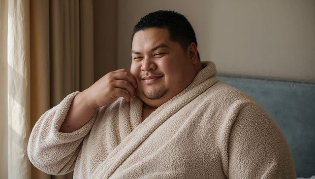 Smiling asian man in beige sherpa robe touching cheek by sunlit bedroom window