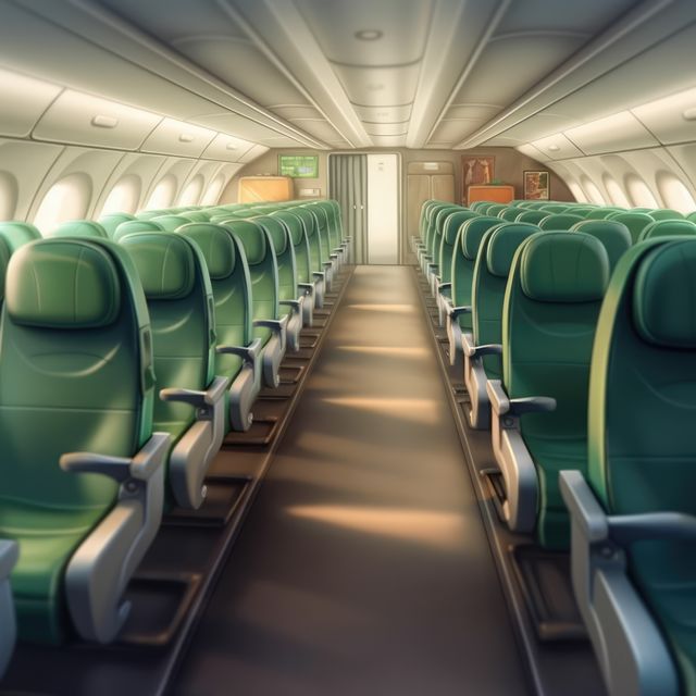 An empty airplane cabin featuring green seats under soft lighting ideal for depicting travel and transportation themes. Suitable for use in articles about the airline industry, booking flights, travel experiences, and aviation services. Perfect for conveying a peaceful and clean airline cabin environment.