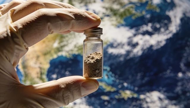 Gloved hand holding glass vial of soil sample with earth backdrop for climate research