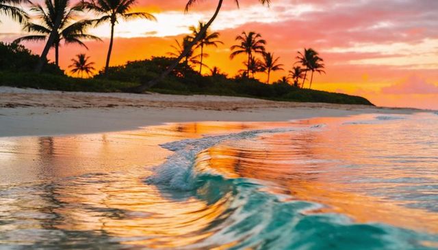 Curling turquoise wave reflecting golden sunset on tropical palm-lined beach at dusk