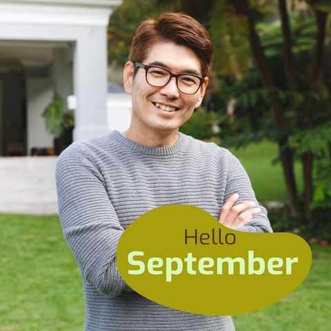 smiling man welcoming september in lush garden - Download Free Stock Templates Pikwizard.com