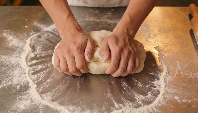 Close-up Baker Hands Kneading Dough on Floured Stainless Steel Counter with Rolling Pin