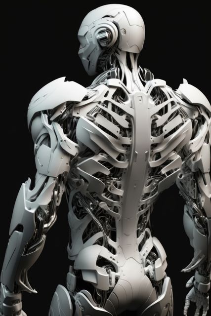 Human robot with white robot parts standing backwards, created using generative ai technology. Cyber, android, futuristic and human robot concept.