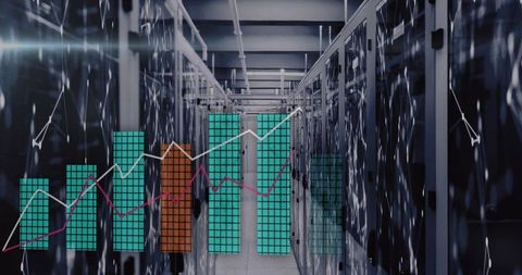 Data Center Analytics Visualization with Server Racks, Bar Charts and Line Graph Overlays