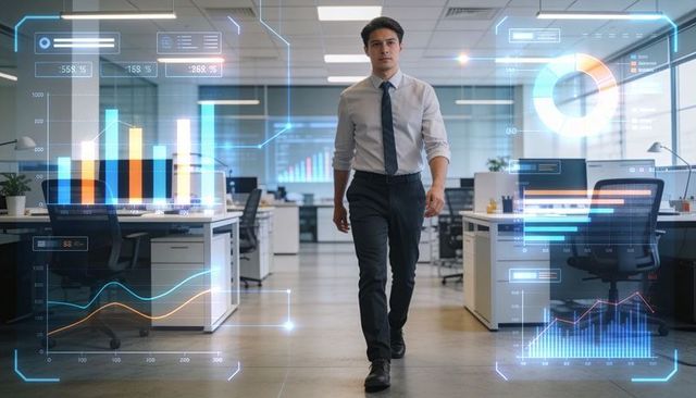 Businessman walking through office with holographic data visualizations and analytics