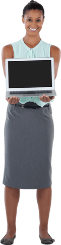 Transparent Businesswoman Holding Laptop Presenting Screen - Download Free Stock Videos Pikwizard.com