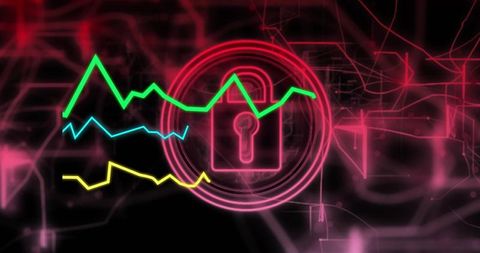 Neon Padlock with Line Graphs on Digital Abstract Background