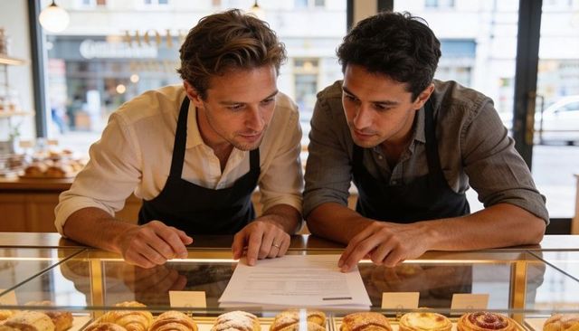 Bakery owners reviewing order sheet behind glass pastry display, planning daily production