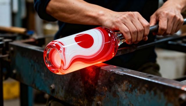 Glassblower shaping glowing red-white swirl vessel on marver at workshop